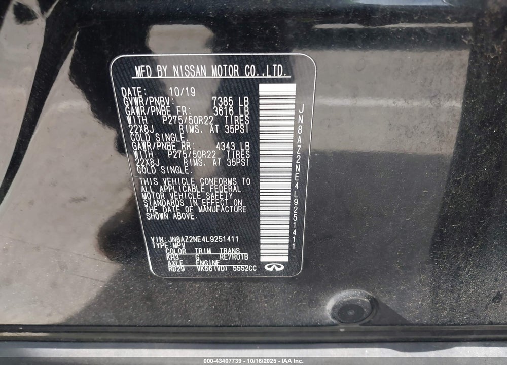 2020 INFINITI QX80 LUXE AWD VIN: JN8AZ2NE4L9251411