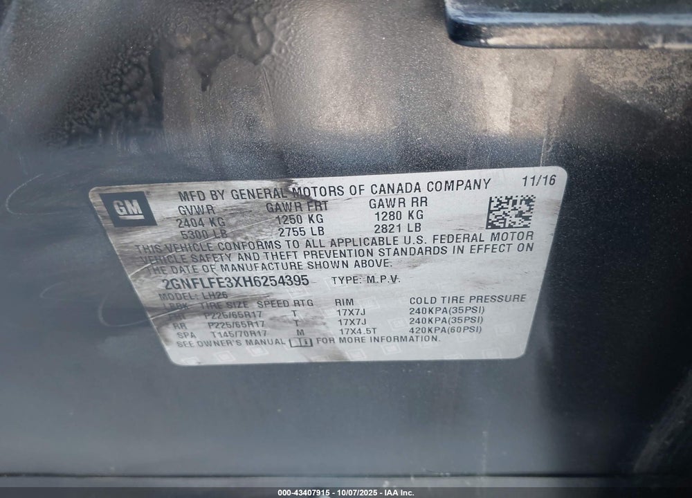 2017 CHEVROLET EQUINOX VIN: 2GNFLFE3XH6254395