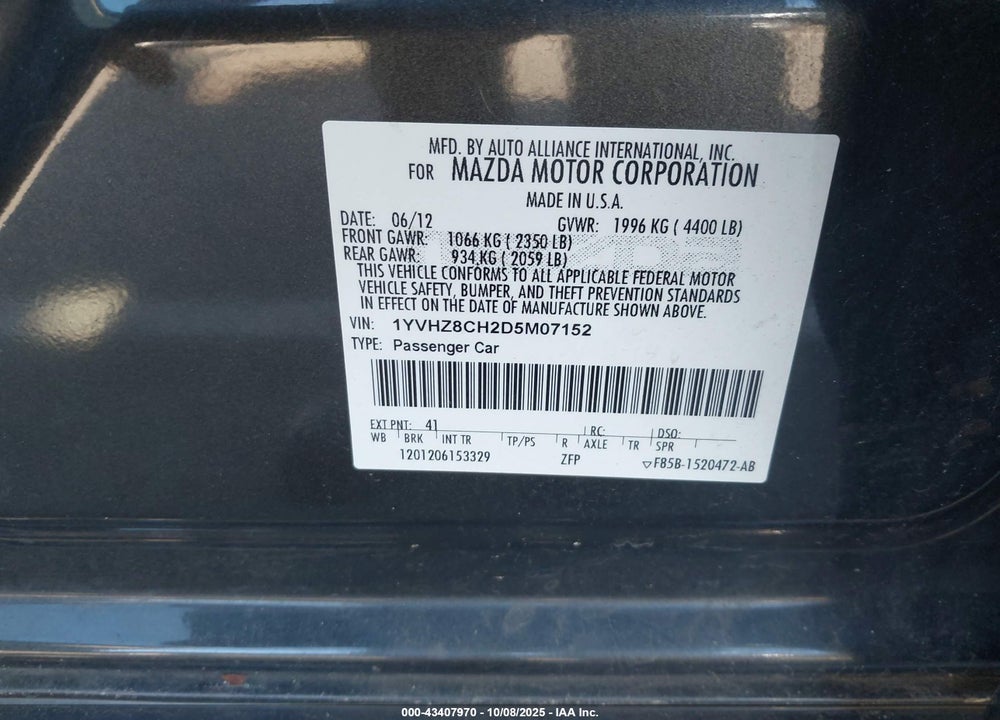 2013 MAZDA 6 VIN: 1YVHZ8CH2D5M07152