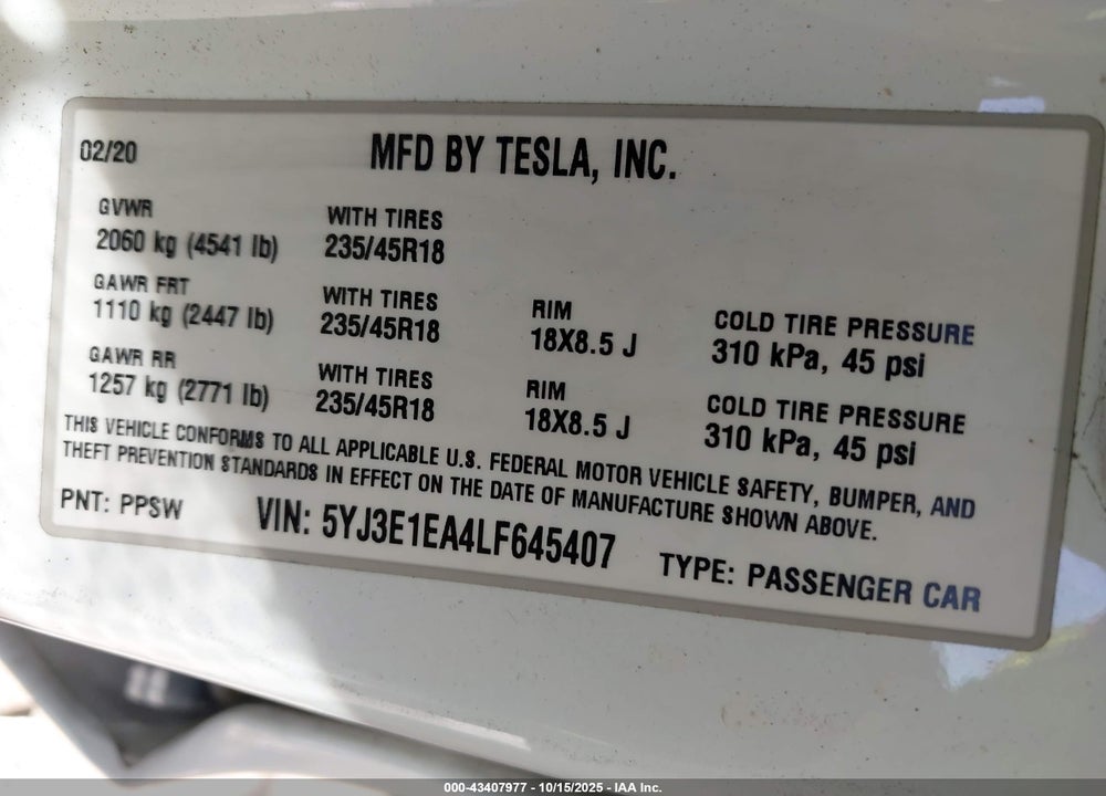 2020 TESLA MODEL 3 VIN: 5YJ3E1EA4LF645407