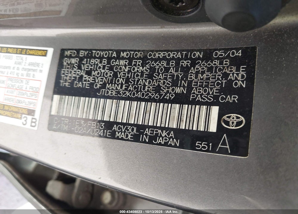 2004 TOYOTA CAMRY LE/SE/STD/XLE VIN: JTDBE32K040296749