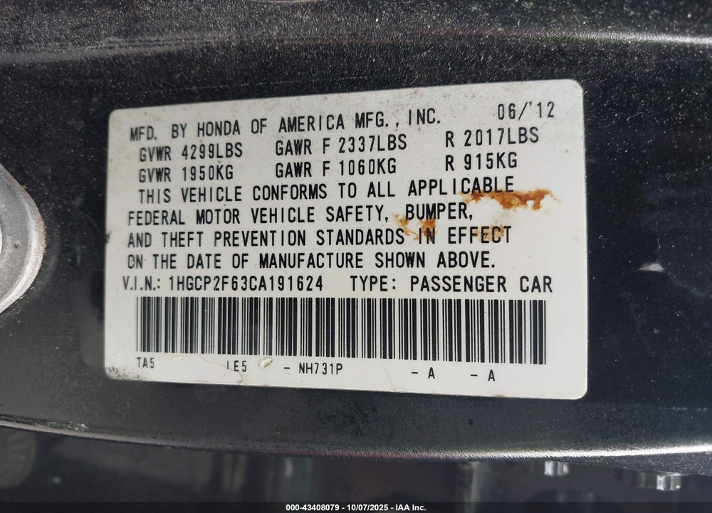 2012 HONDA ACCORD VIN: 1HGCP2F63CA191624