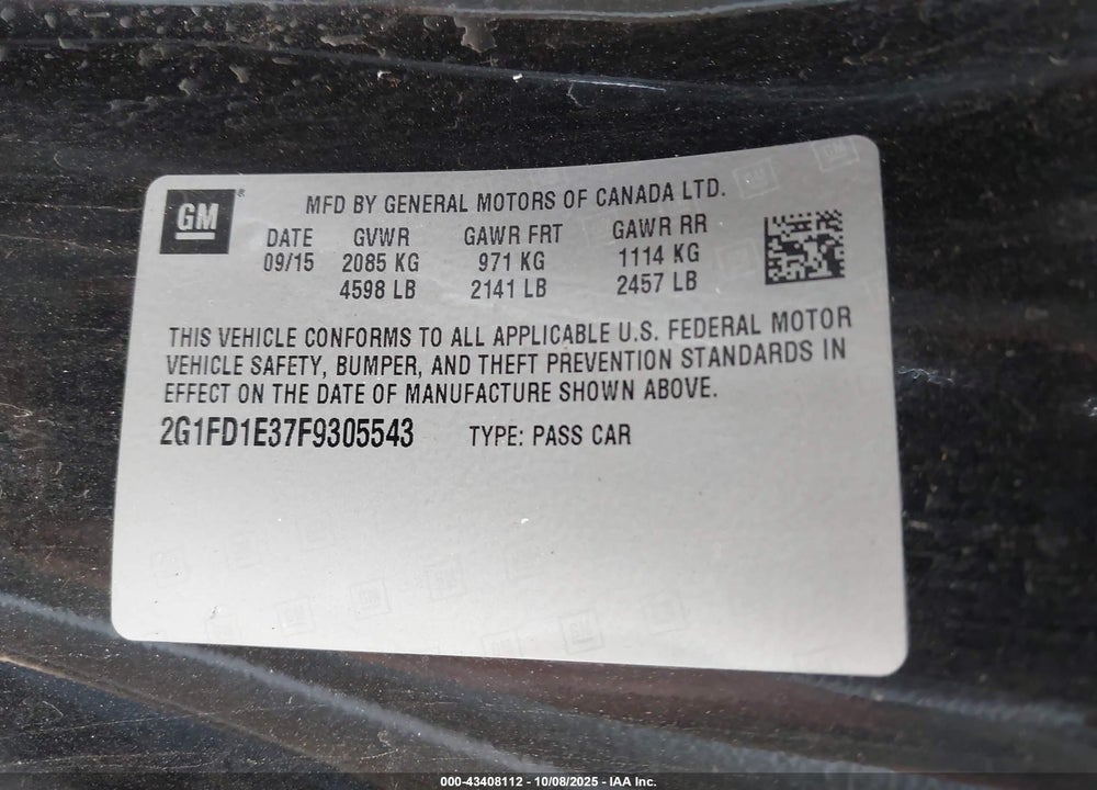 2015 CHEVROLET CAMARO 1LT VIN: 2G1FD1E37F9305543