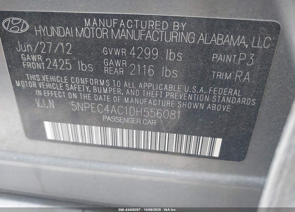 2013 HYUNDAI SONATA LIMITED VIN: 5NPEC4AC1DH556081