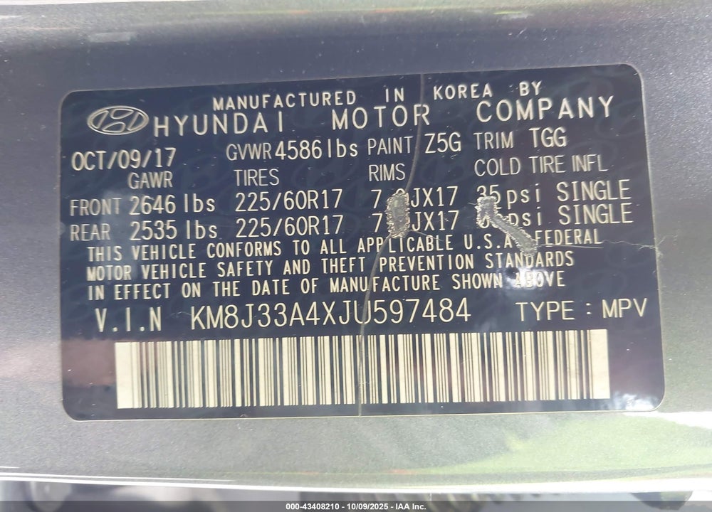 2018 HYUNDAI TUCSON SEL VIN: KM8J33A4XJU597484