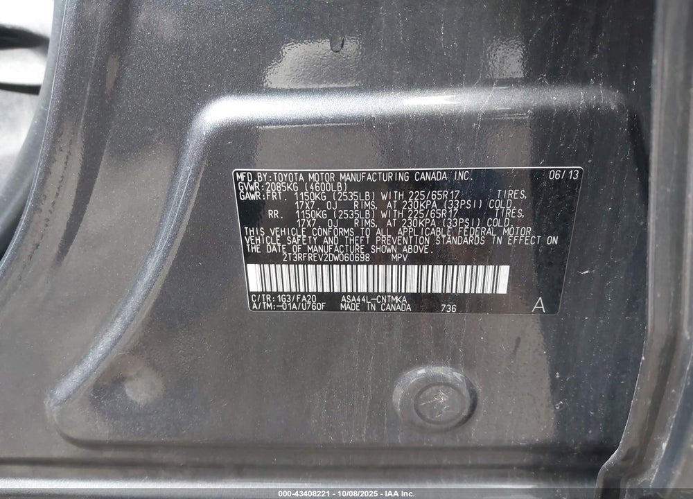 2013 TOYOTA RAV4 XLE VIN: 2T3RFREV2DW060698