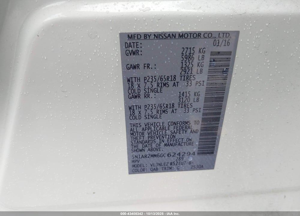 2016 NISSAN PATHFINDER VIN: 5N1AR2MM6GC624294