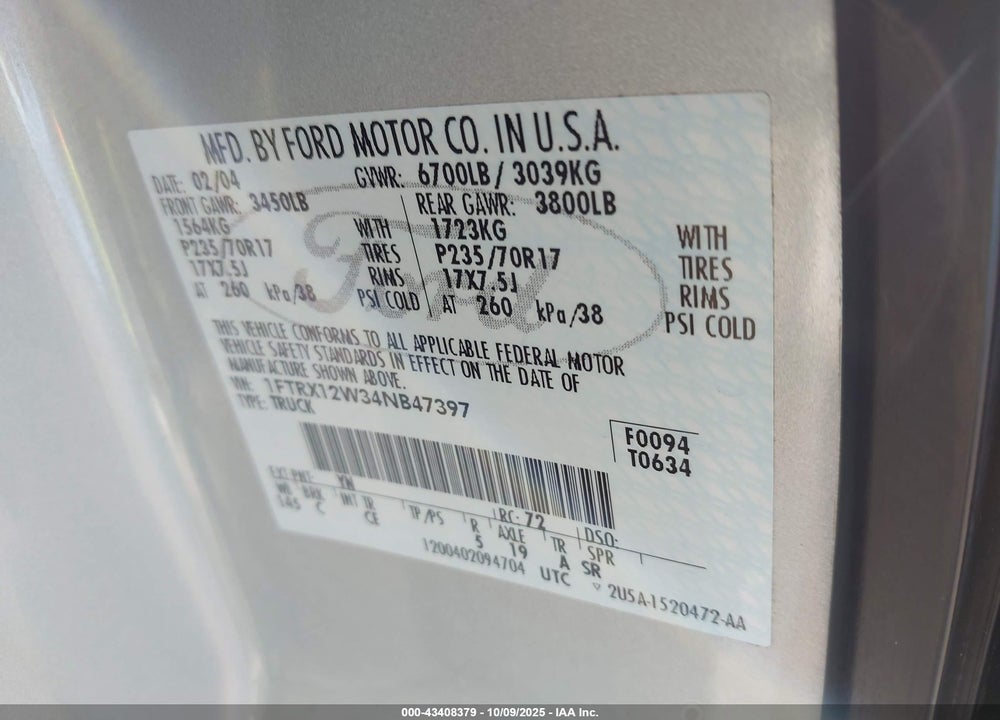 2004 FORD F-150 STX/XL/XLT VIN: 1FTRX12W34NB47397