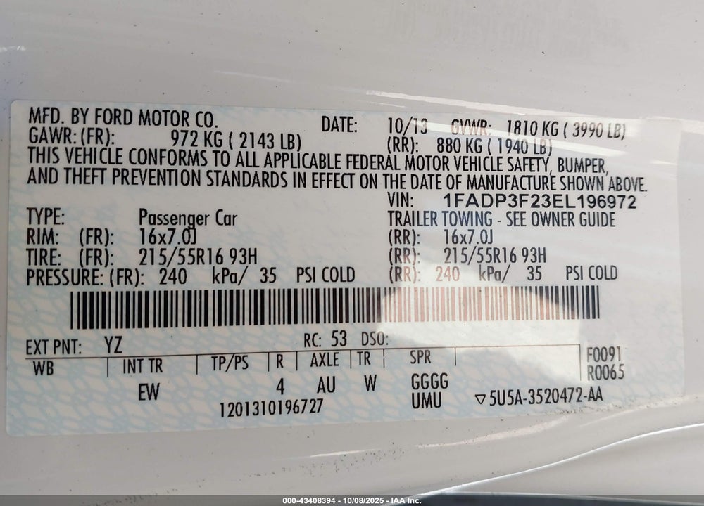 2014 FORD FOCUS SE VIN: 1FADP3F23EL196972