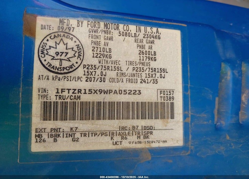 1998 FORD RANGER SPLASH/XL/XLT VIN: 1FTZR15X9WPA05223
