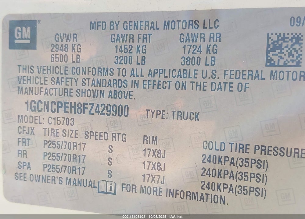 2015 CHEVROLET SILVERADO 1500 WT VIN: 1GCNCPEH8FZ429900