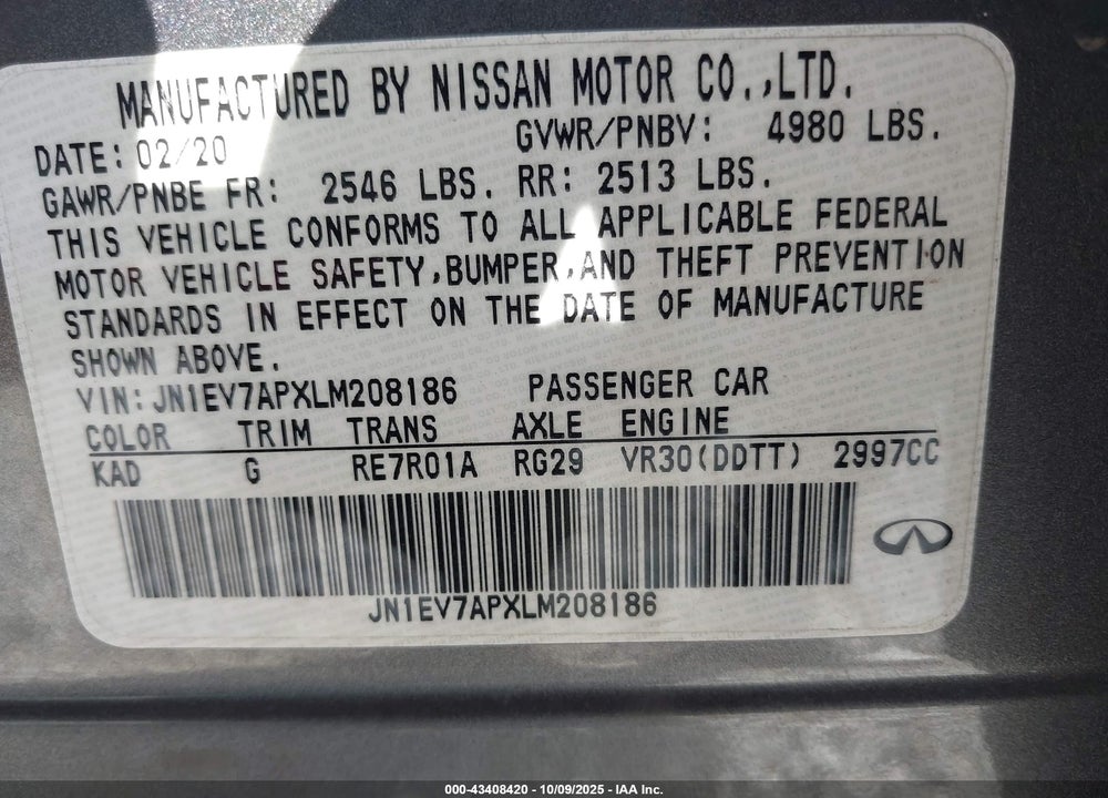 2020 INFINITI Q50 LUXE VIN: JN1EV7APXLM208186