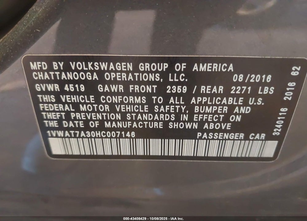 2017 VOLKSWAGEN PASSAT 1.8T S VIN: 1VWAT7A30HC007146