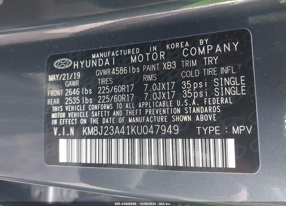 2019 HYUNDAI TUCSON SE VIN: KM8J23A41KU047949