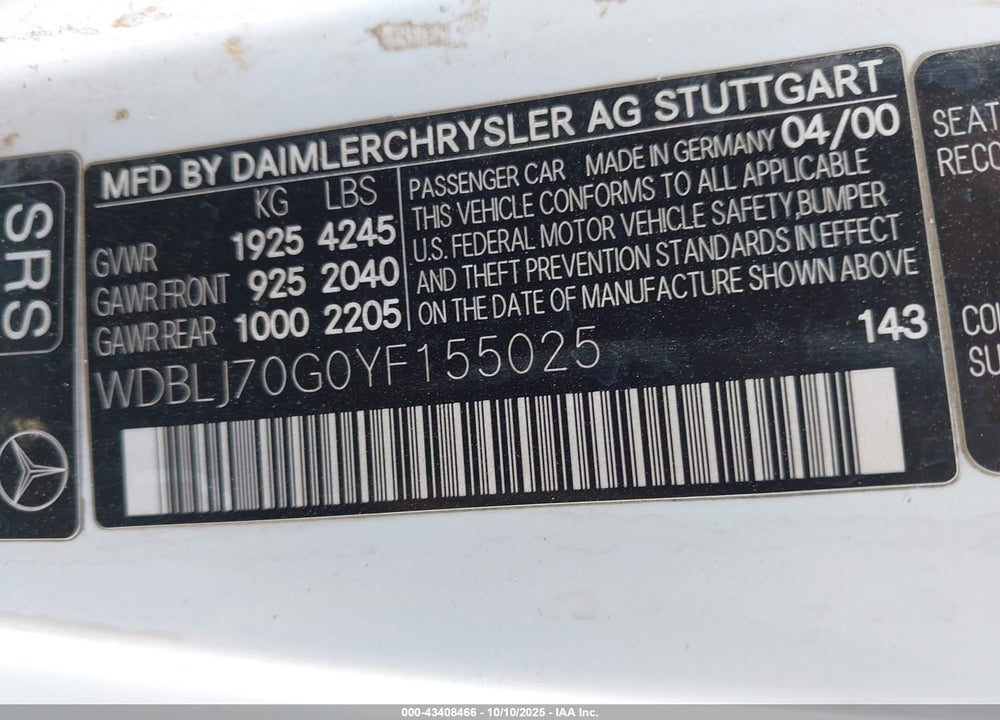 2000 MERCEDES-BENZ CLK 430 VIN: WDBLJ70G0YF155025