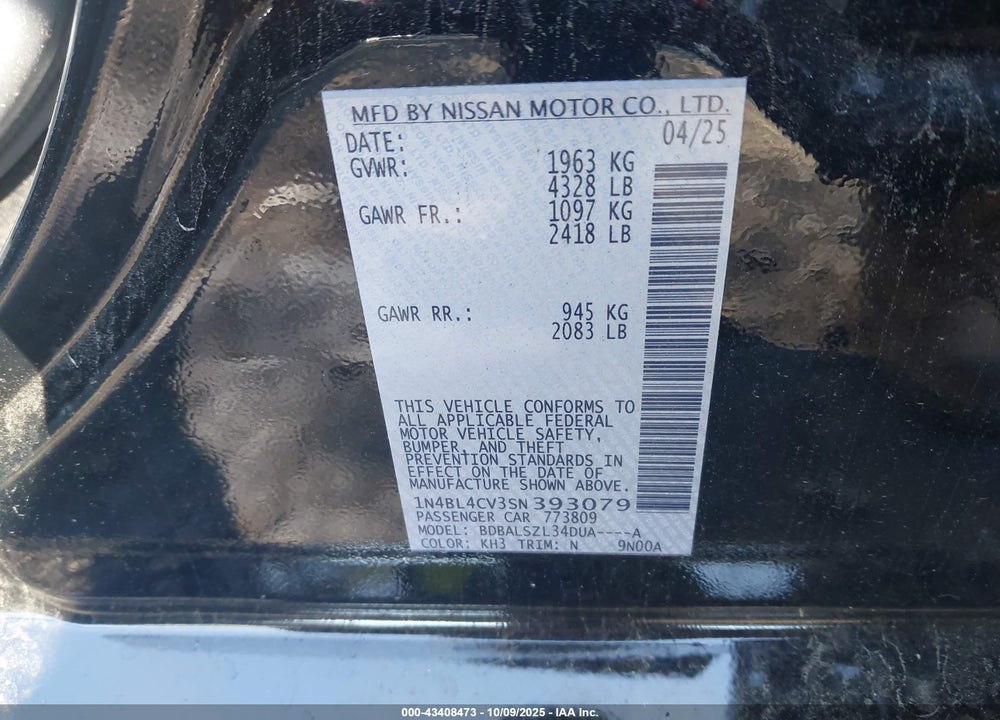 2025 NISSAN ALTIMA VIN: 1N4BL4CV3SN393079