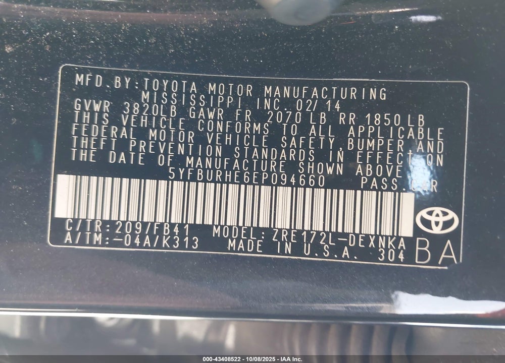 2014 TOYOTA COROLLA LE PLUS VIN: 5YFBURHE6EP094660