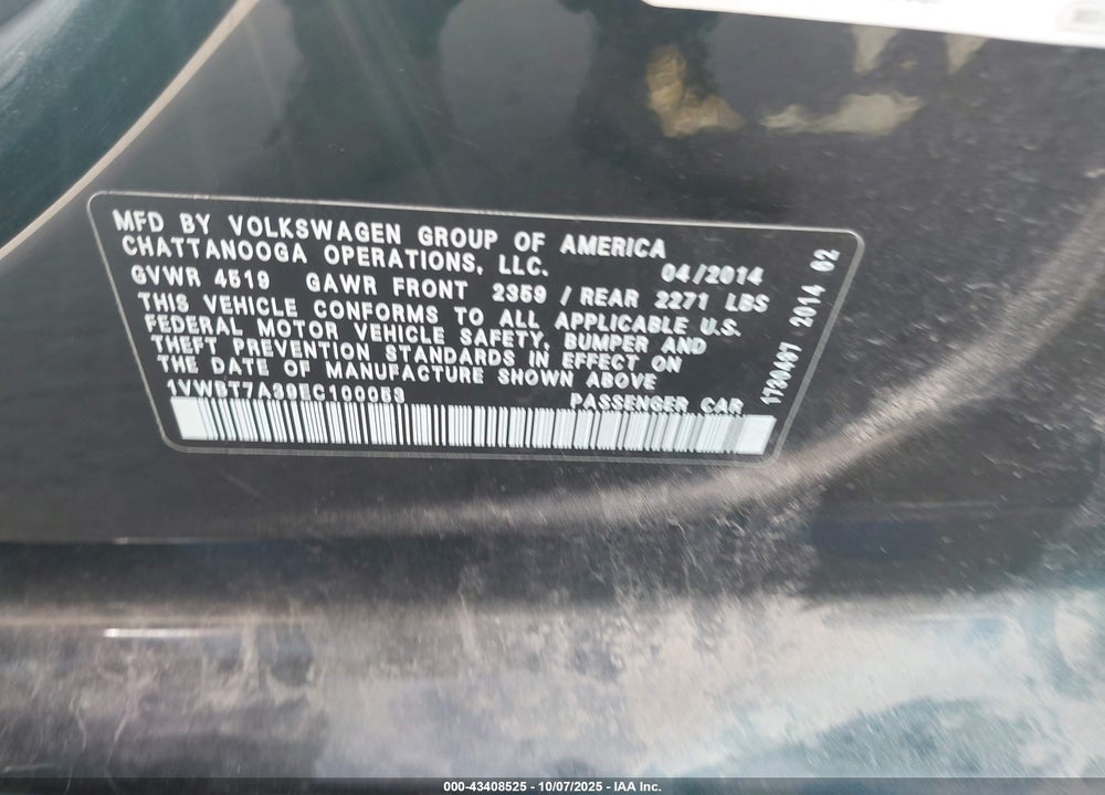 2014 VOLKSWAGEN PASSAT VIN: 1VWBT7A39EC100053