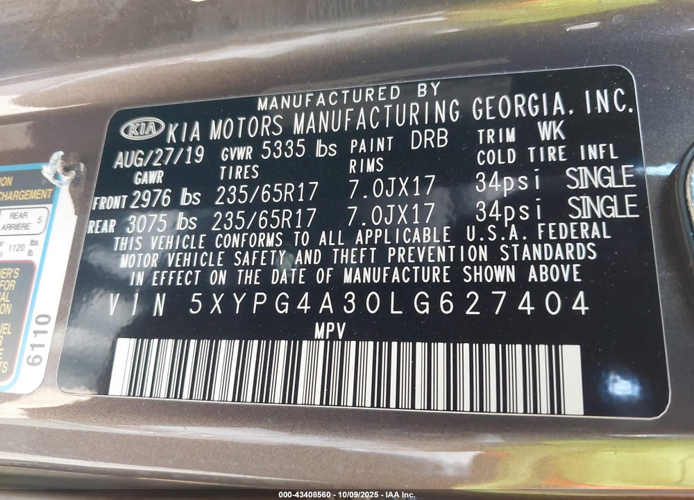 2020 KIA SORENTO VIN: 5XYPG4A30LG627404
