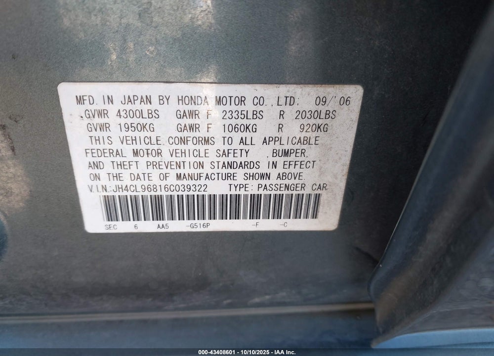 2006 ACURA TSX VIN: JH4CL96816C039322