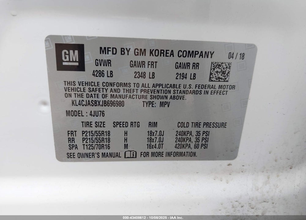 2018 BUICK ENCORE PREFERRED VIN: KL4CJASBXJB696980