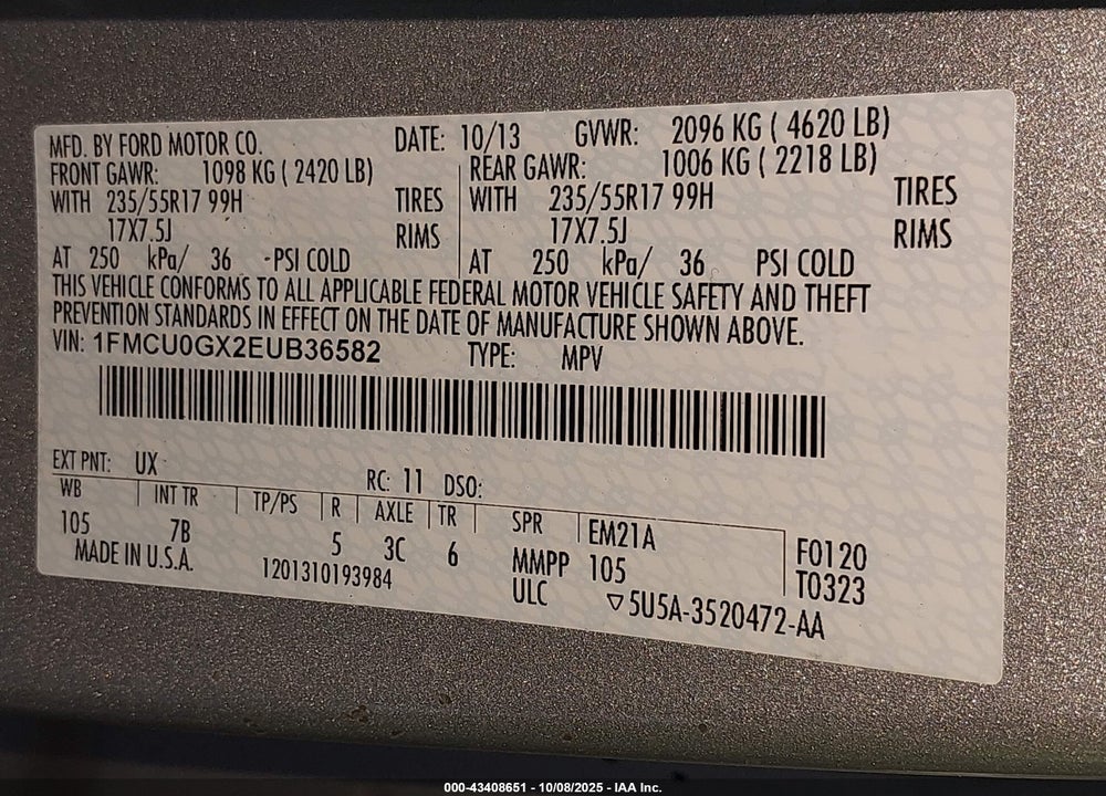 2014 FORD ESCAPE VIN: 1FMCU0GX2EUB36582
