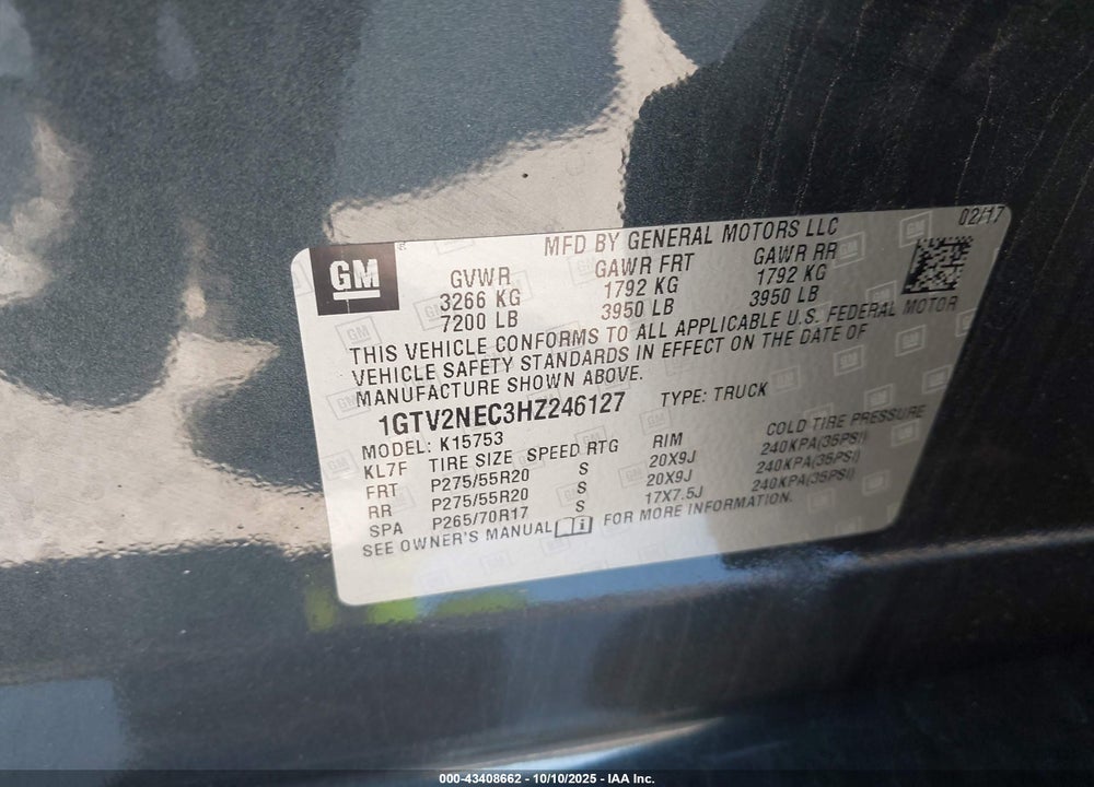 2017 GMC SIERRA 1500 VIN: 1GTV2NEC3HZ246127