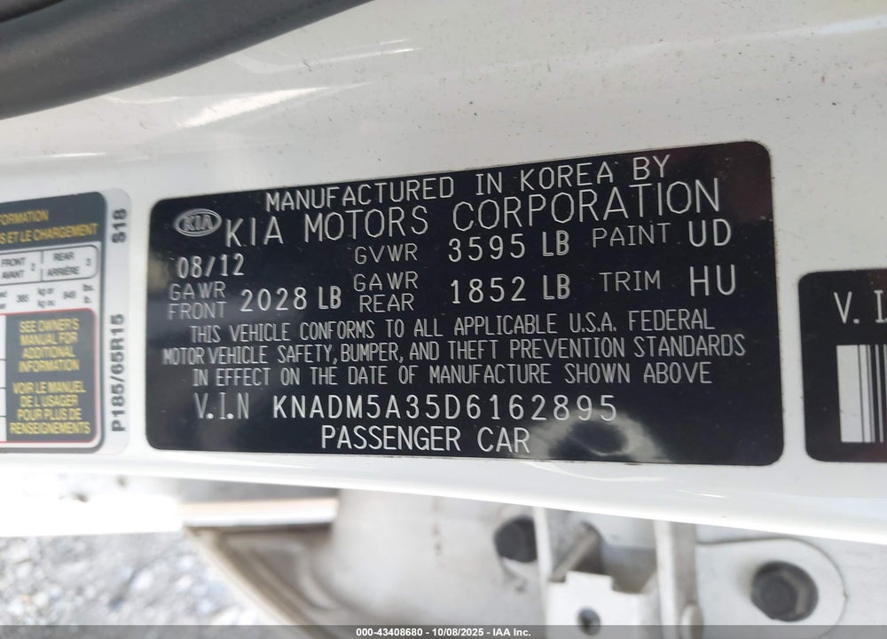 2013 KIA RIO VIN: KNADM5A35D6162895