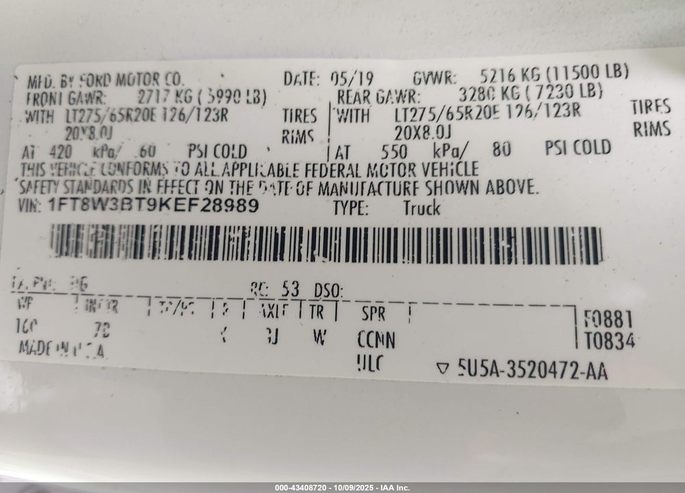 2019 FORD F-350 PLATINUM VIN: 1FT8W3BT9KEF28989