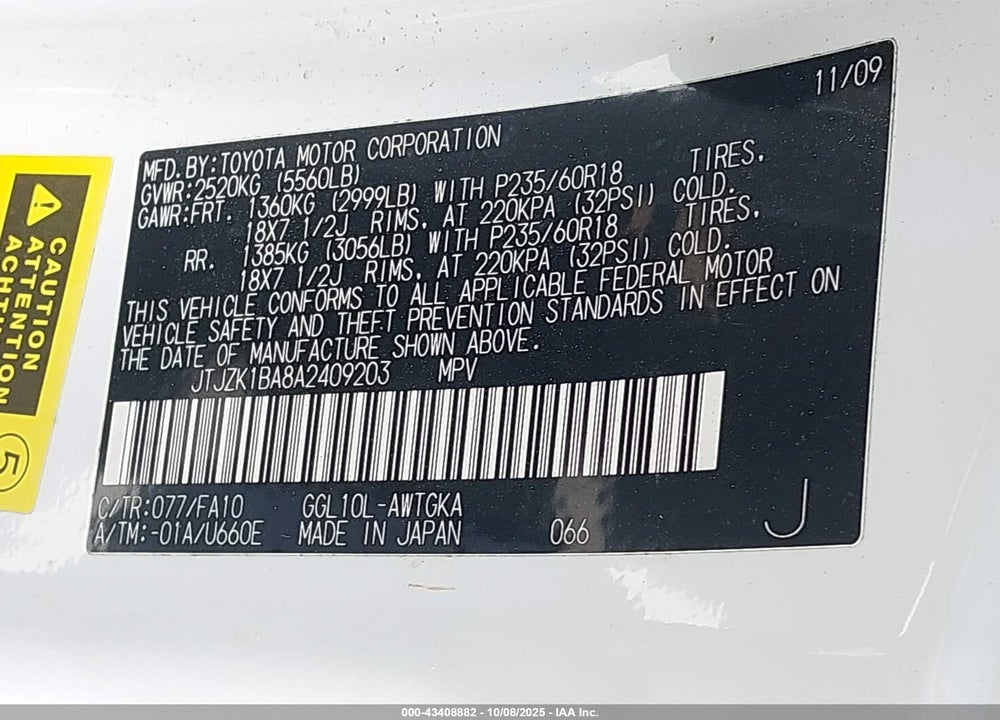 2010 LEXUS RX 350 VIN: JTJZK1BA8A2409203