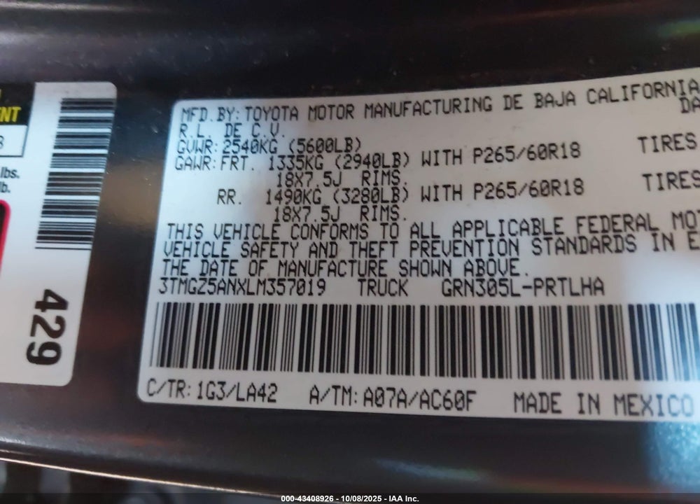 2020 TOYOTA TACOMA LIMITED VIN: 3TMGZ5ANXLM357019