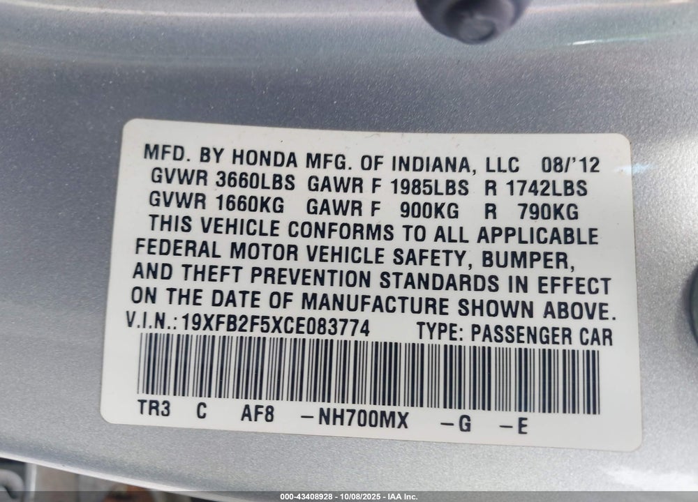 2012 HONDA CIVIC VIN: 19XFB2F5XCE083774