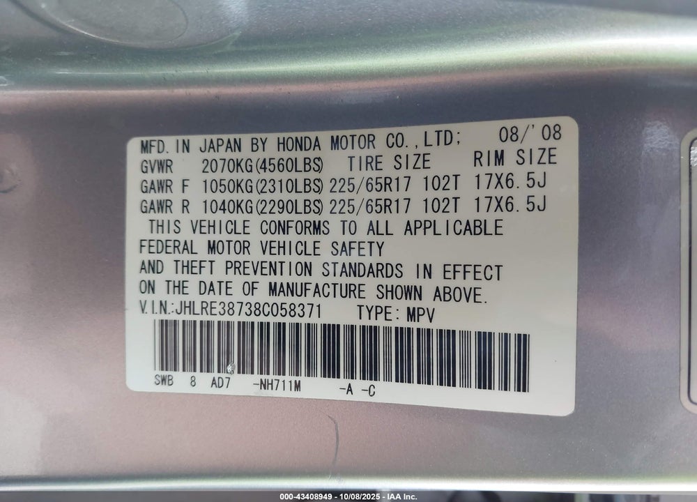 2008 HONDA CR-V VIN: JHLRE38738C058371