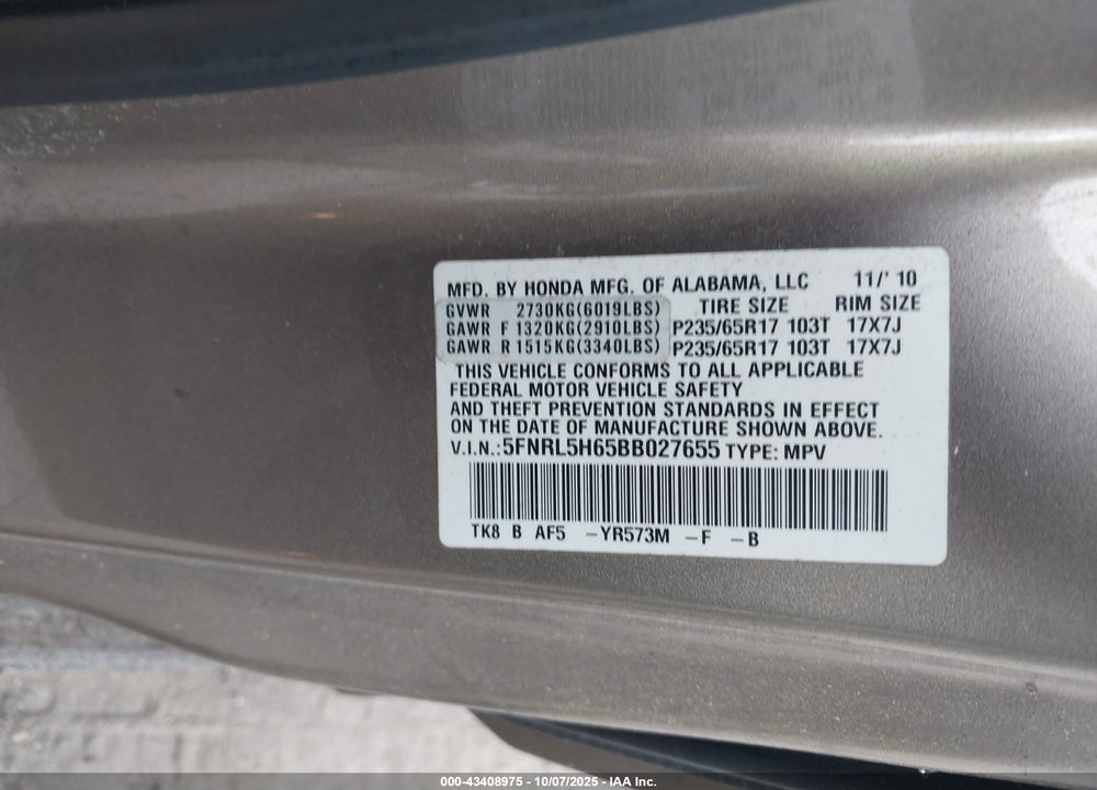 2011 HONDA ODYSSEY EX-L VIN: 5FNRL5H65BB027655