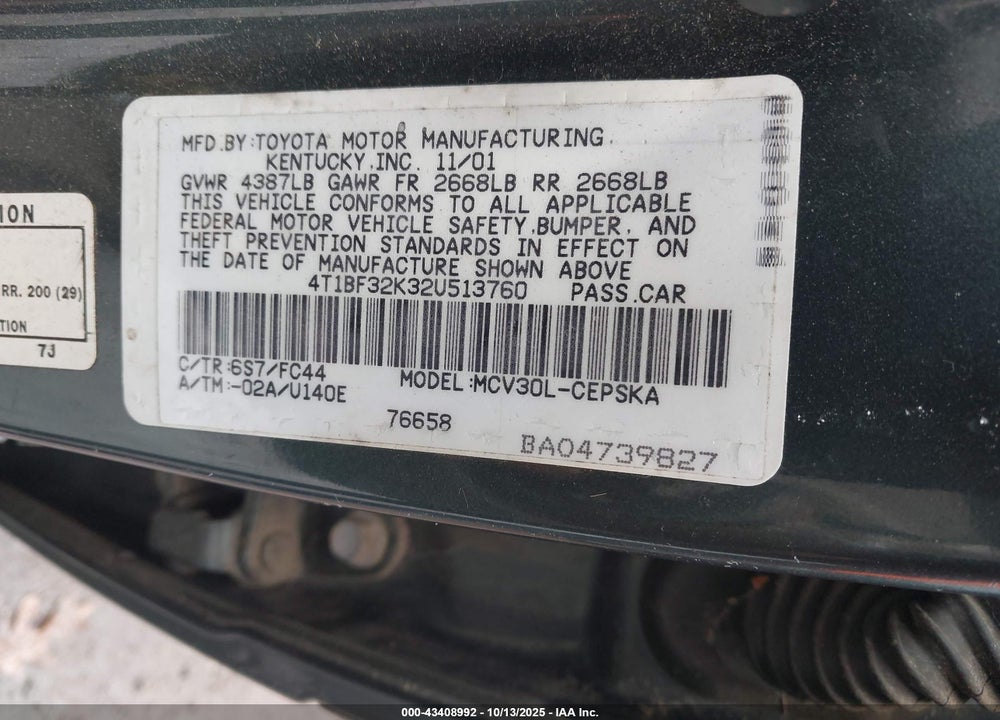 2002 TOYOTA CAMRY SE V6 VIN: 4T1BF32K32U513760