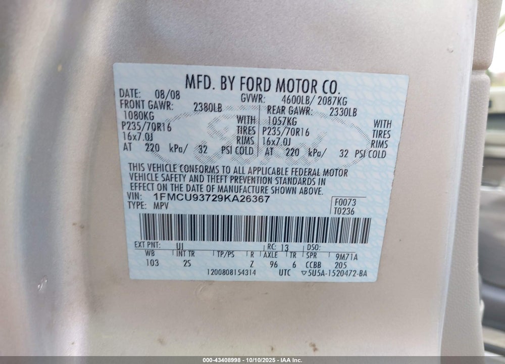 2009 FORD ESCAPE VIN: 1FMCU93729KA26367