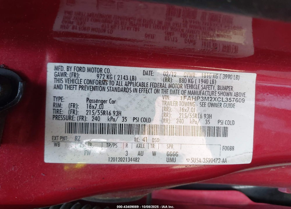2012 FORD FOCUS VIN: 1FAHP3M2XCL357609