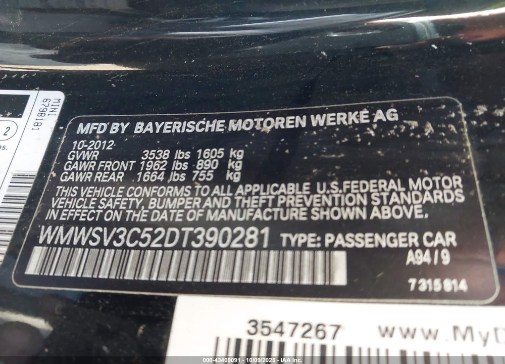 2013 MINI HARDTOP VIN: WMWSV3C52DT390281