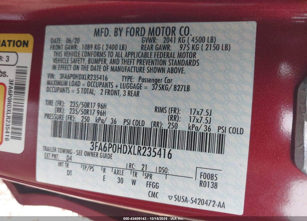 2020 FORD FUSION SE VIN: 3FA6P0HDXLR235416