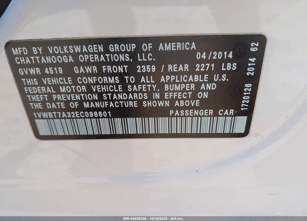 2014 VOLKSWAGEN PASSAT VIN: 1VWBT7A32EC098601