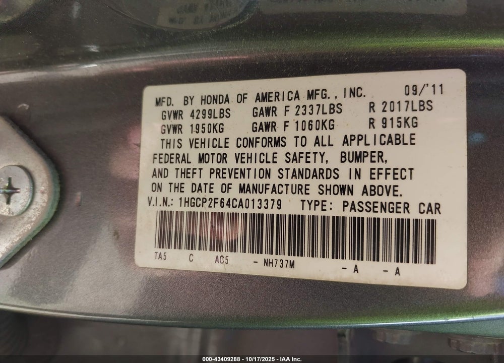 2012 HONDA ACCORD VIN: 1HGCP2F64CA013379
