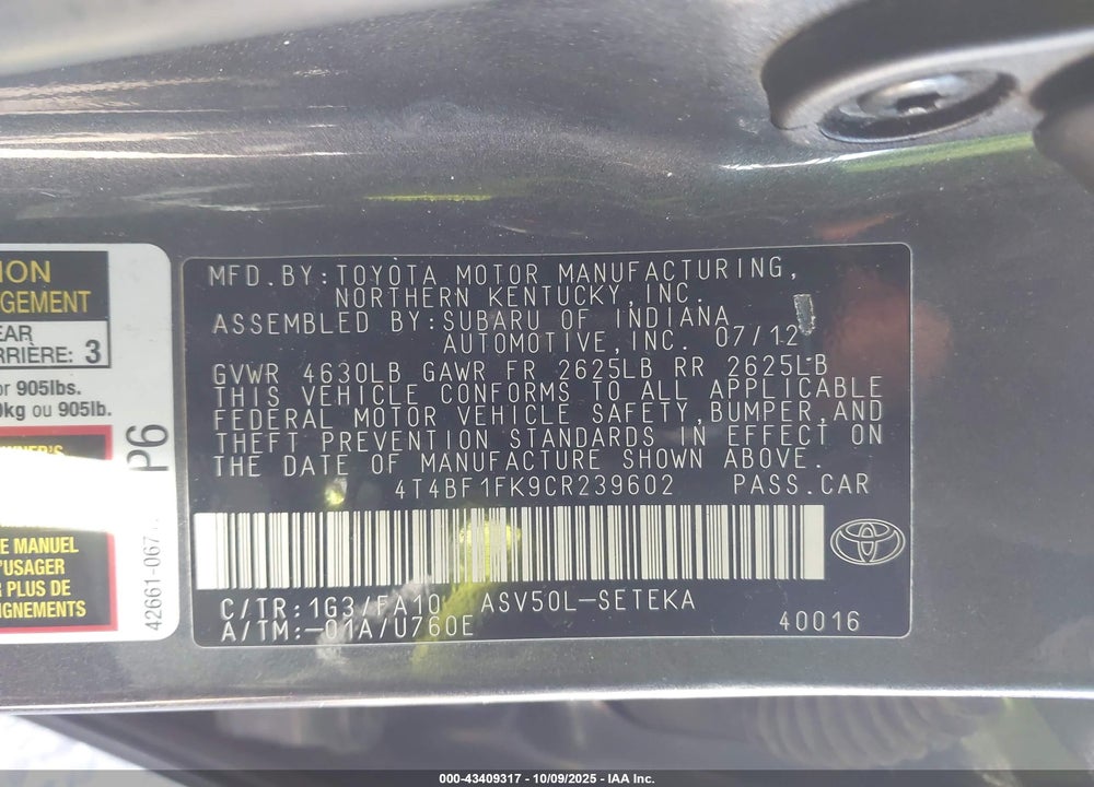 2012 TOYOTA CAMRY L VIN: 4T4BF1FK9CR239602