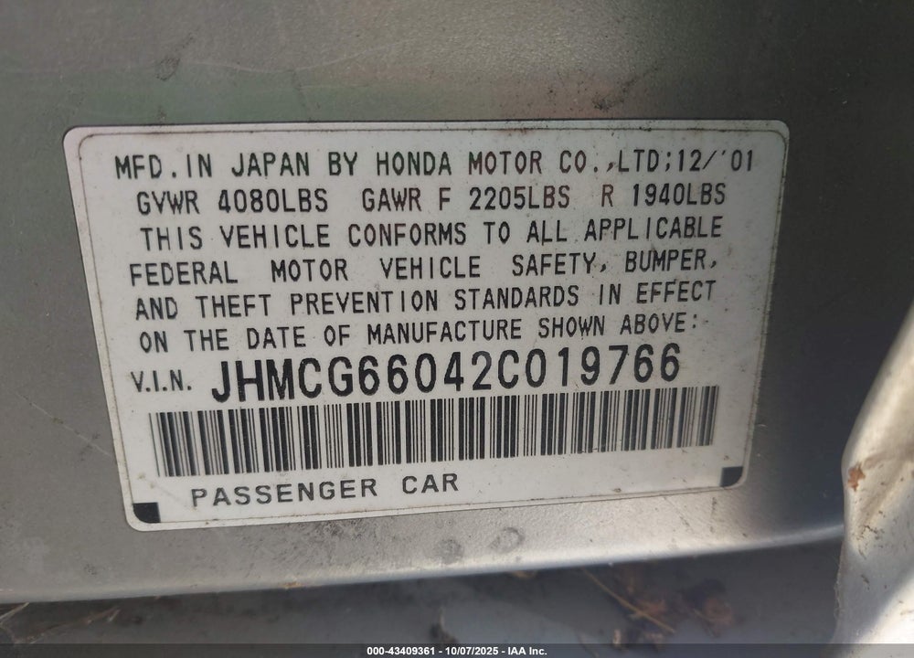 2002 HONDA ACCORD 2.3 EX VIN: JHMCG66042C019766