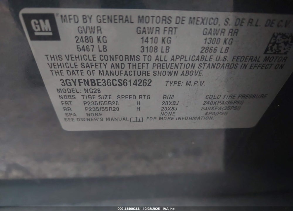 2012 CADILLAC SRX VIN: 3GYFNBE36CS614262