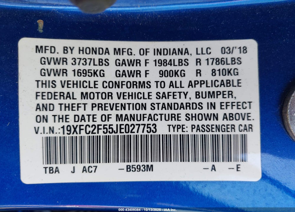2018 HONDA CIVIC LX VIN: 19XFC2F55JE027753