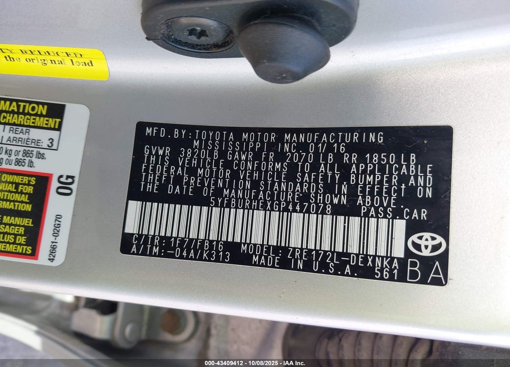 2016 TOYOTA COROLLA LE VIN: 5YFBURHEXGP447078