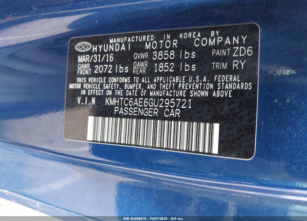 2016 HYUNDAI VELOSTER VIN: KMHTC6AE6GU295721
