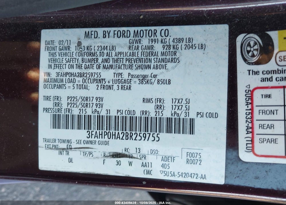 2011 FORD FUSION SE VIN: 3FAHP0HA2BR259755
