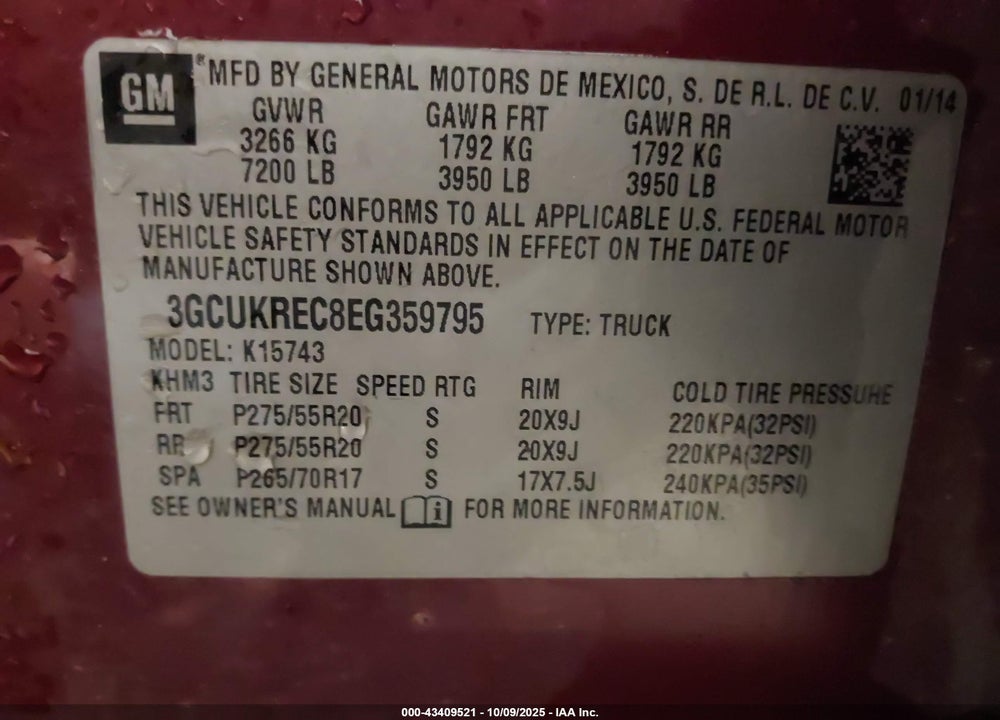 2014 CHEVROLET SILVERADO 1500 1LT VIN: 3GCUKREC8EG359795