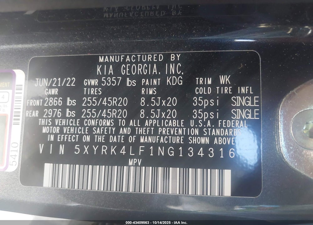 2022 KIA SORENTO VIN: 5XYRK4LF1NG134316